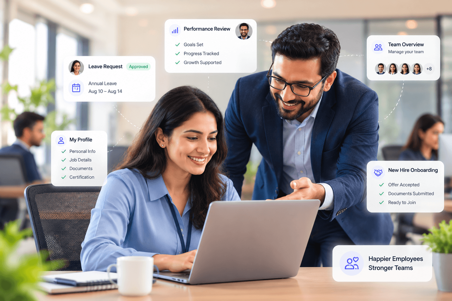 A manager and an employee reviewing a profile, leave request, onboarding checklist and team overview